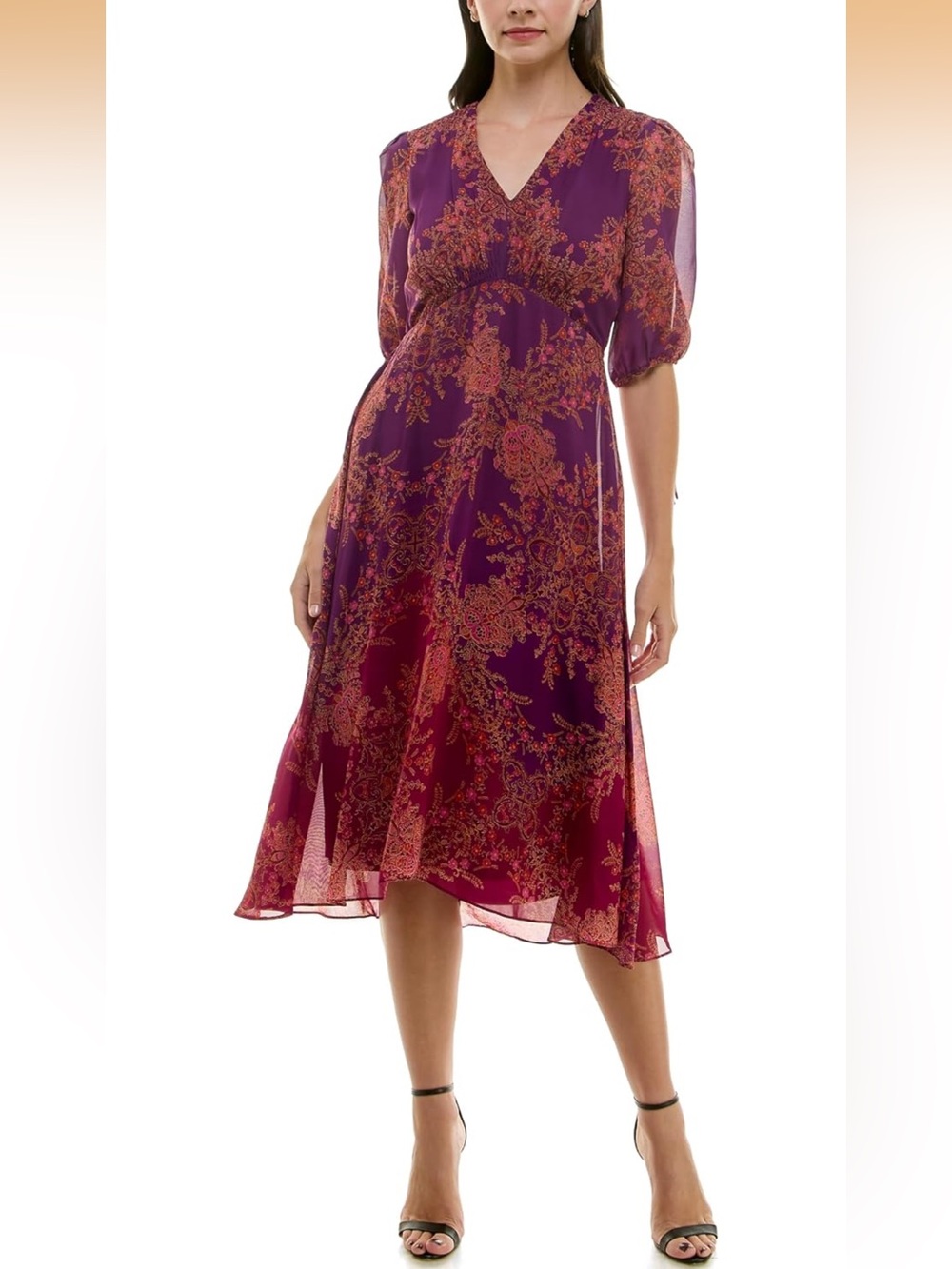 Maison Tara Women's V-Neck Chiffon Smocked Empire Midi Dress size 18W Plus